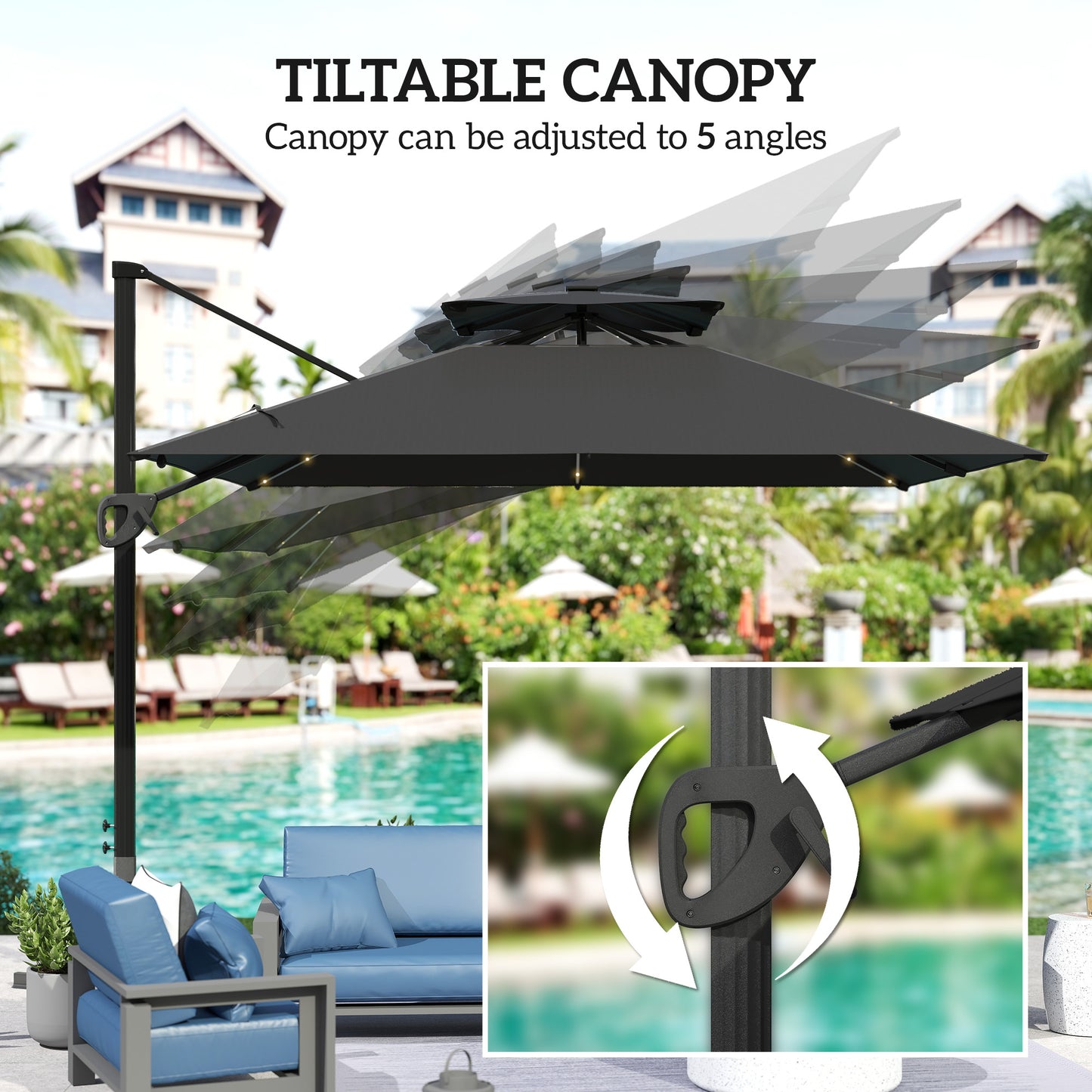 3.5m Aluminium Cantilever Parasol w/ LED Lights Crank Tilt UV50+ Black