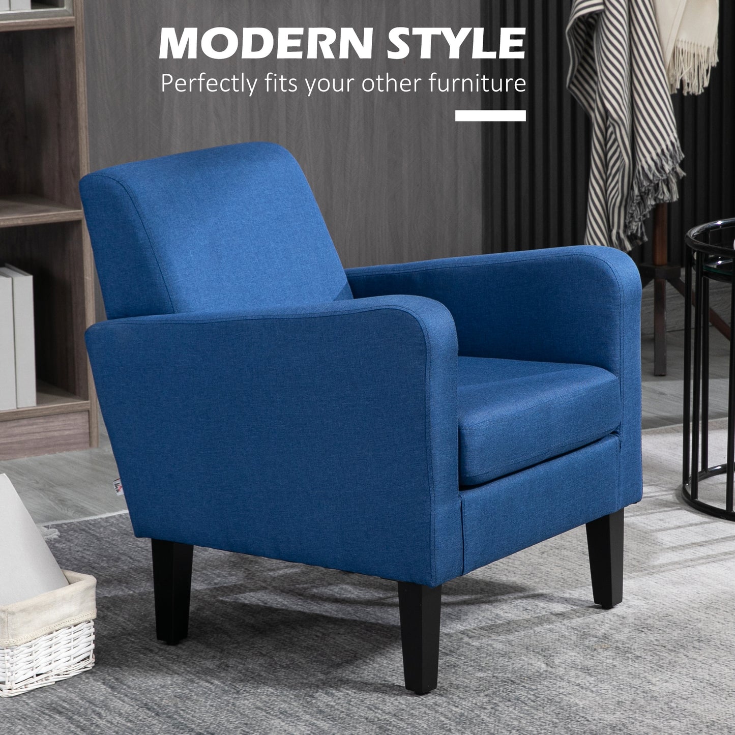 Modern Armchair Accent Chair with Rubber Wood Legs for Bedroom Blue