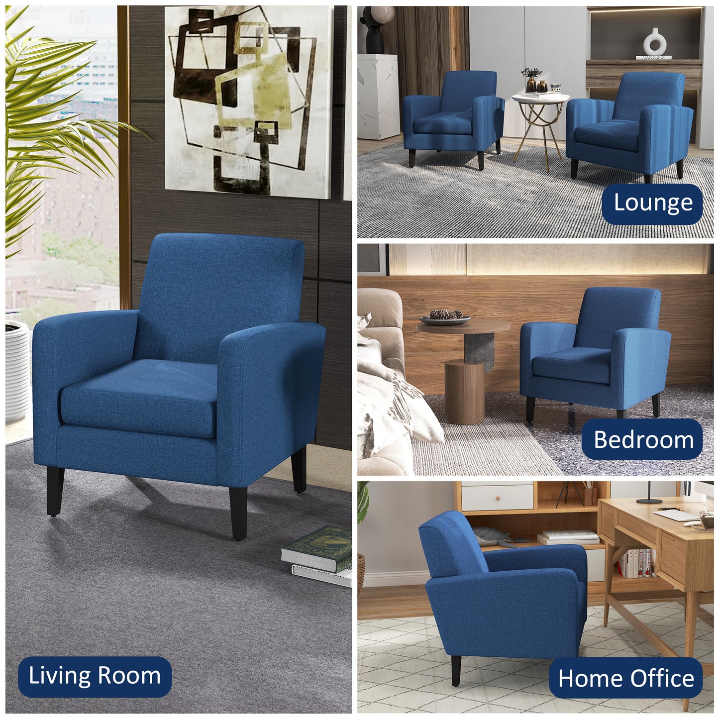Modern Armchair Accent Chair with Rubber Wood Legs for Bedroom Blue