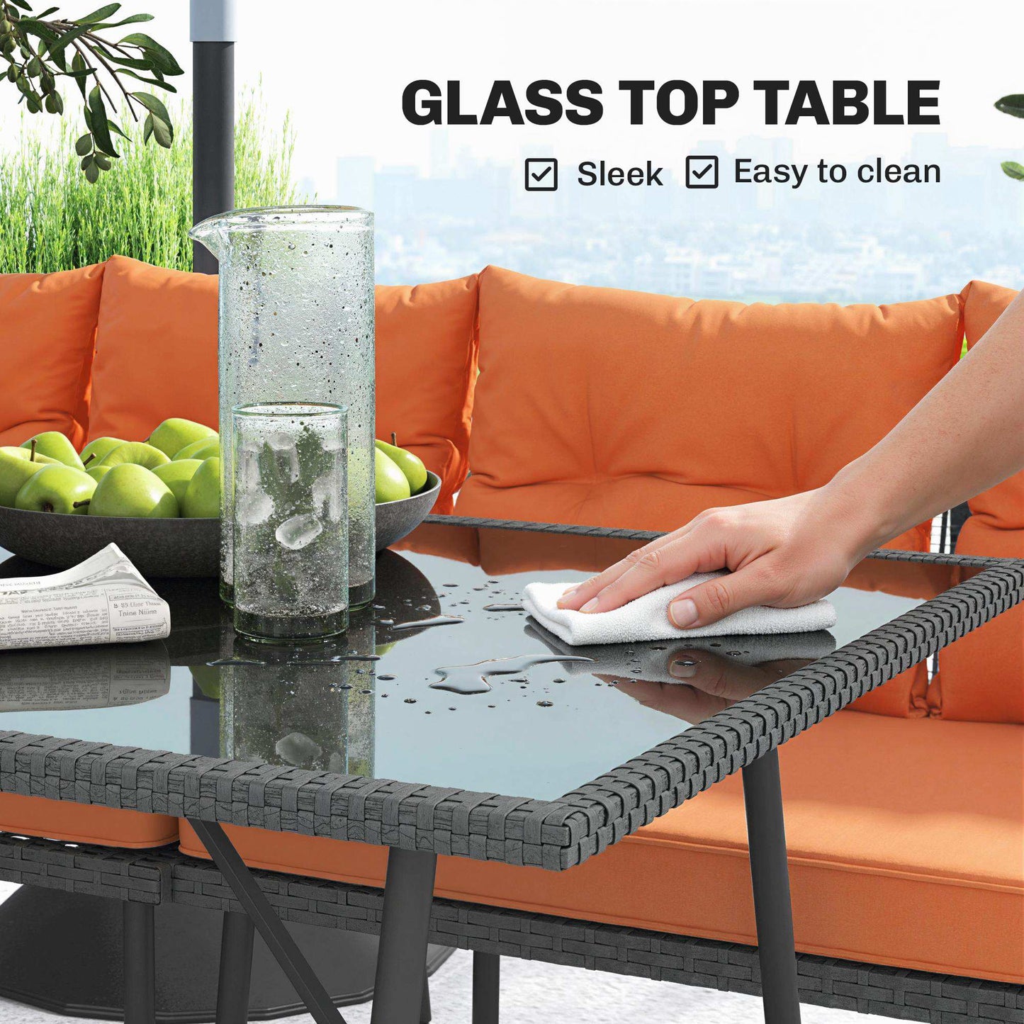 Sectional Outdoor Furniture with Glass Top Table, Orange