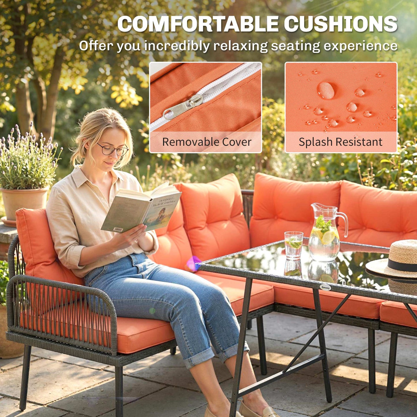 Sectional Outdoor Furniture with Glass Top Table, Orange