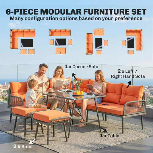 Sectional Outdoor Furniture with Glass Top Table, Orange
