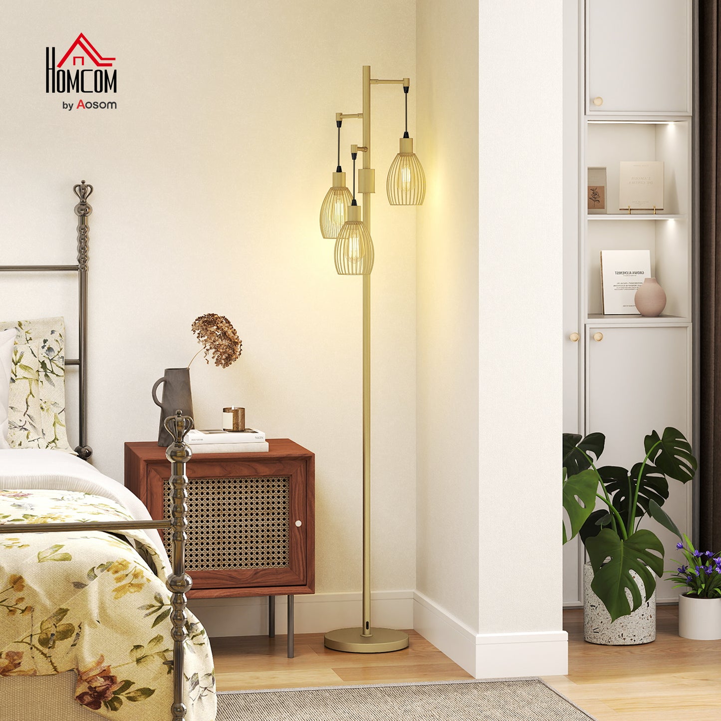 Industrial 3-Light Floor Lamp Dimmable LED Standing Lamp, Gold Tone