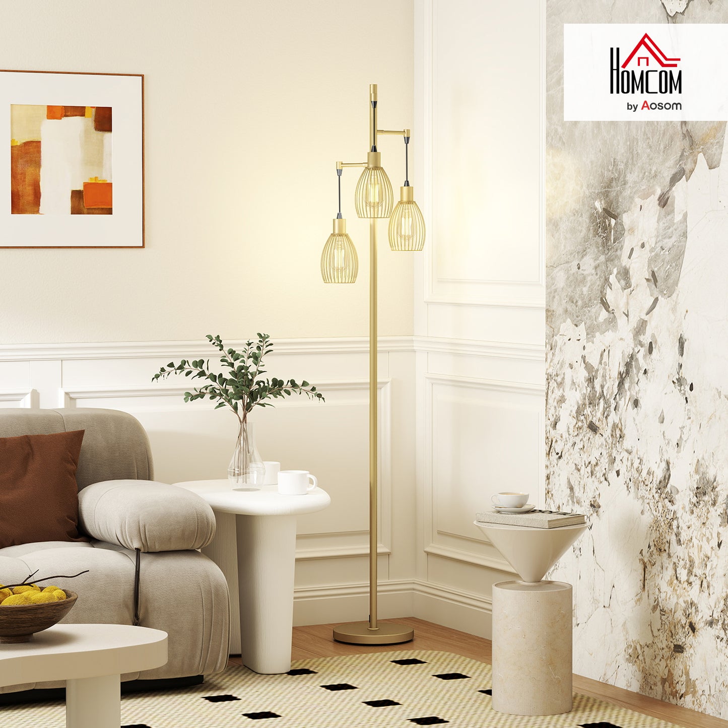 Industrial 3-Light Floor Lamp Dimmable LED Standing Lamp, Gold Tone