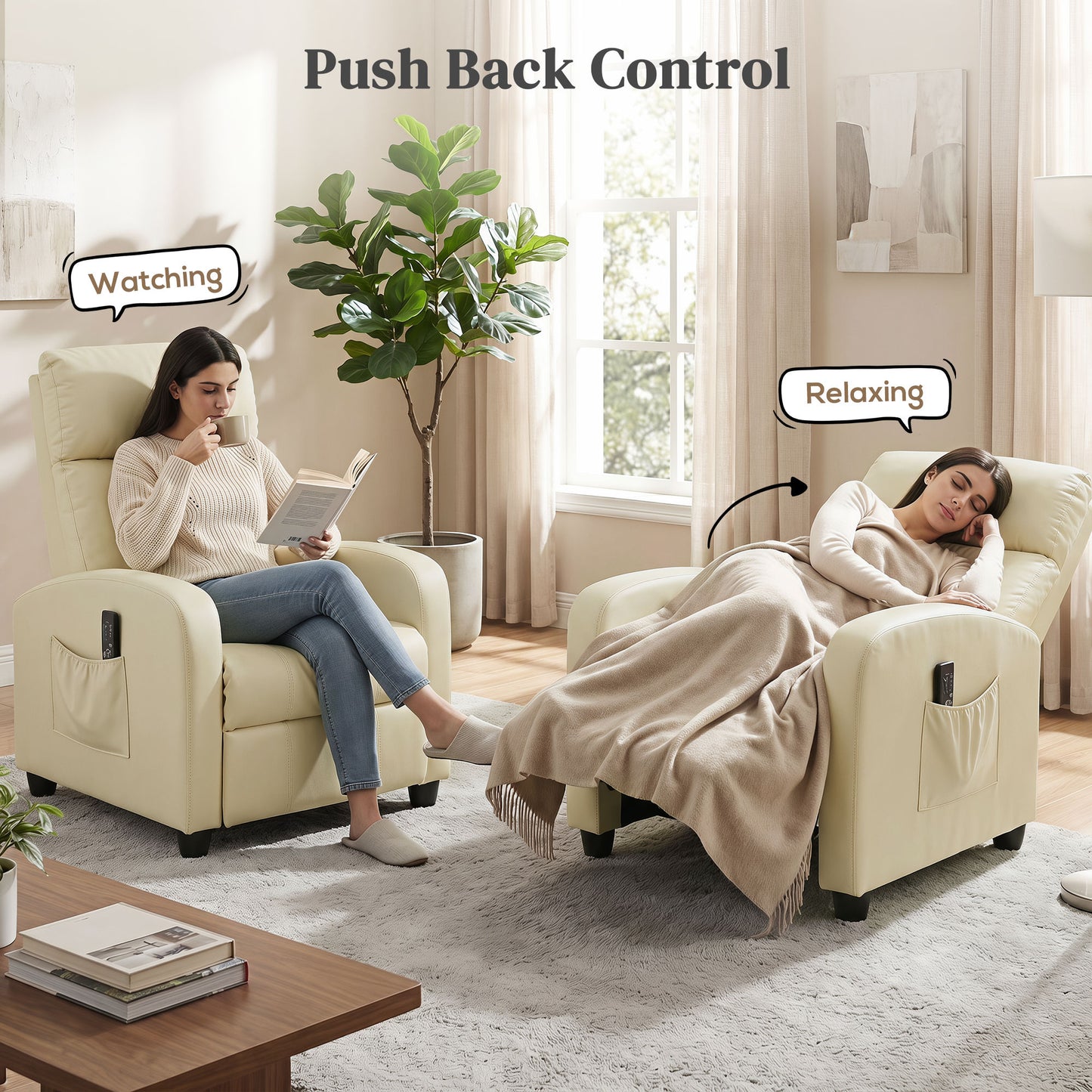 Recliner Sofa Chair PU Leather Massage Armcair w/ Remote, Cream White