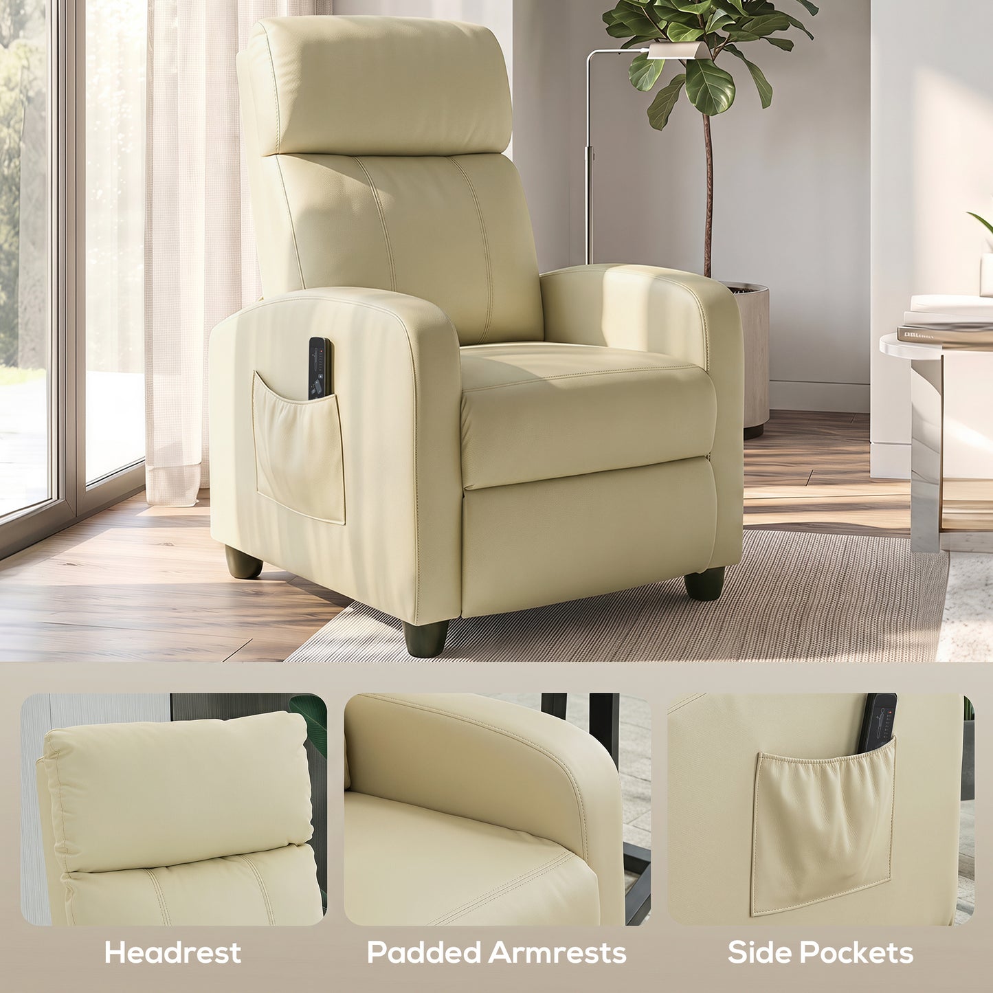 Recliner Sofa Chair PU Leather Massage Armcair w/ Remote, Cream White