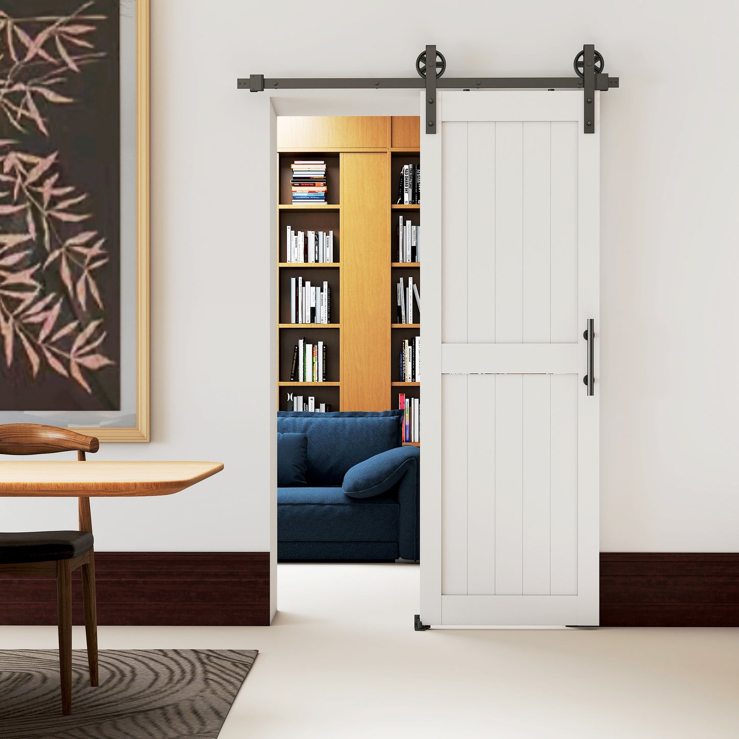 72 x 213 cm Sliding Barn Door with 152 cm Sliding Door Hardware Kit & Industrial Handle, Upgraded Rollers and Floor Guide, Waterproof Plastic Surface, Pre-Drilled Easy Assembly, White