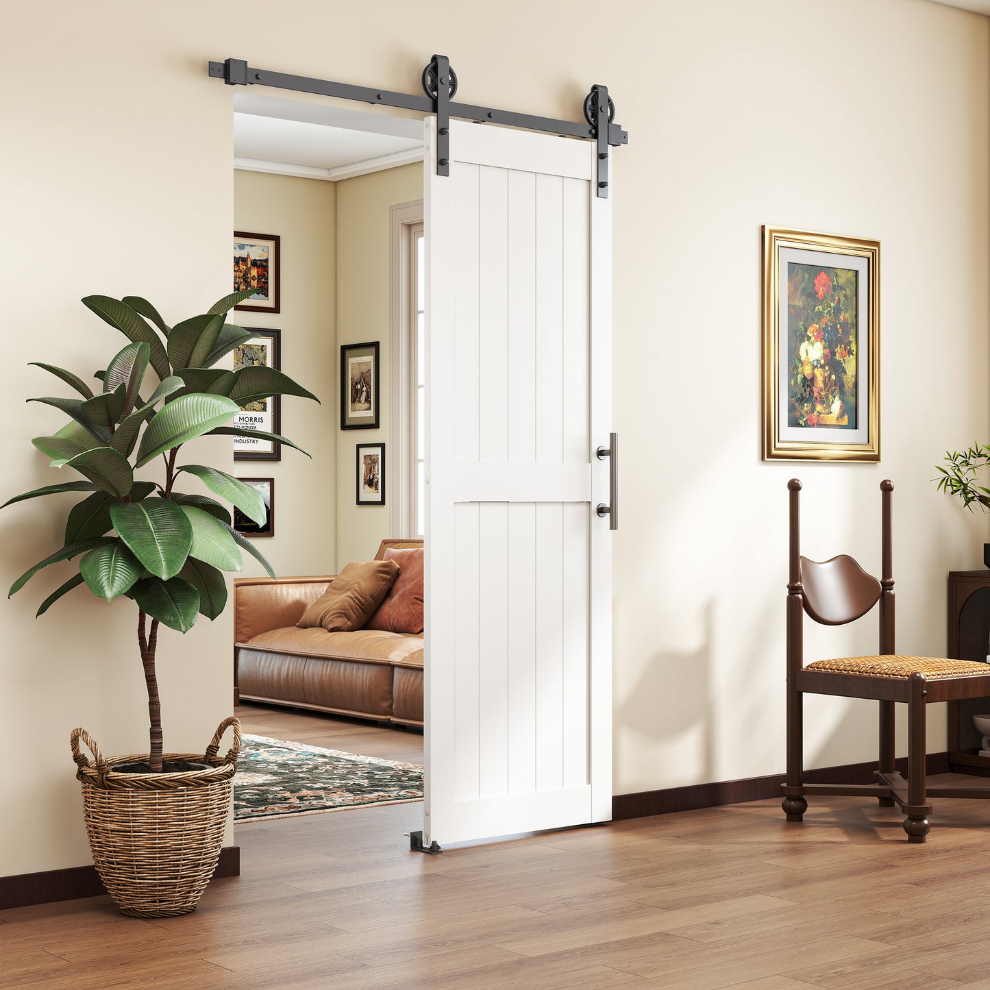 152.4cm Sliding Barn Door Kit, Sliding Door with Track, Hardware, Upgraded Rollers and Floor Guide, Industrial Handle, Water-Proof PVC Surface, White