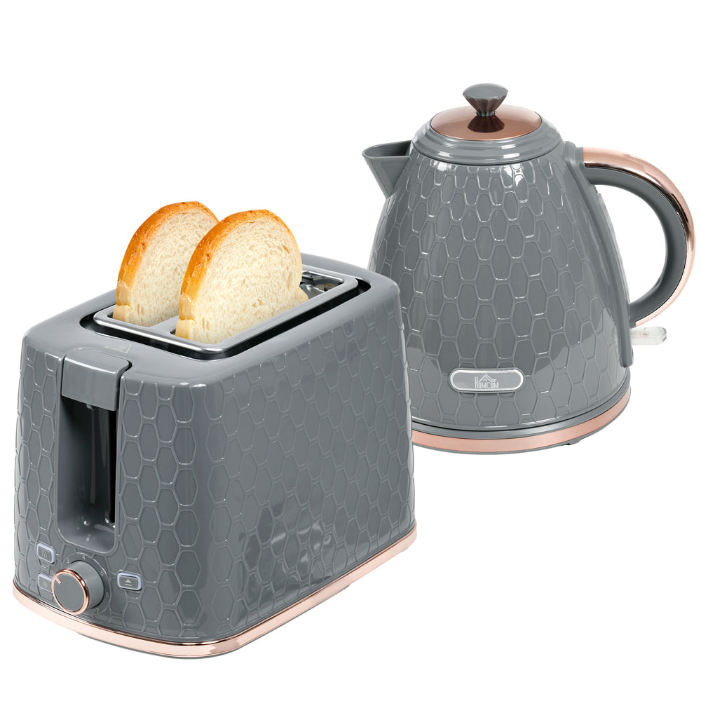 1.7L 3000W Fast Boil Kettle & 2 Slice Toaster Set, Kettle and Toaster Set with Auto Shut Off, Browning Controls, Grey