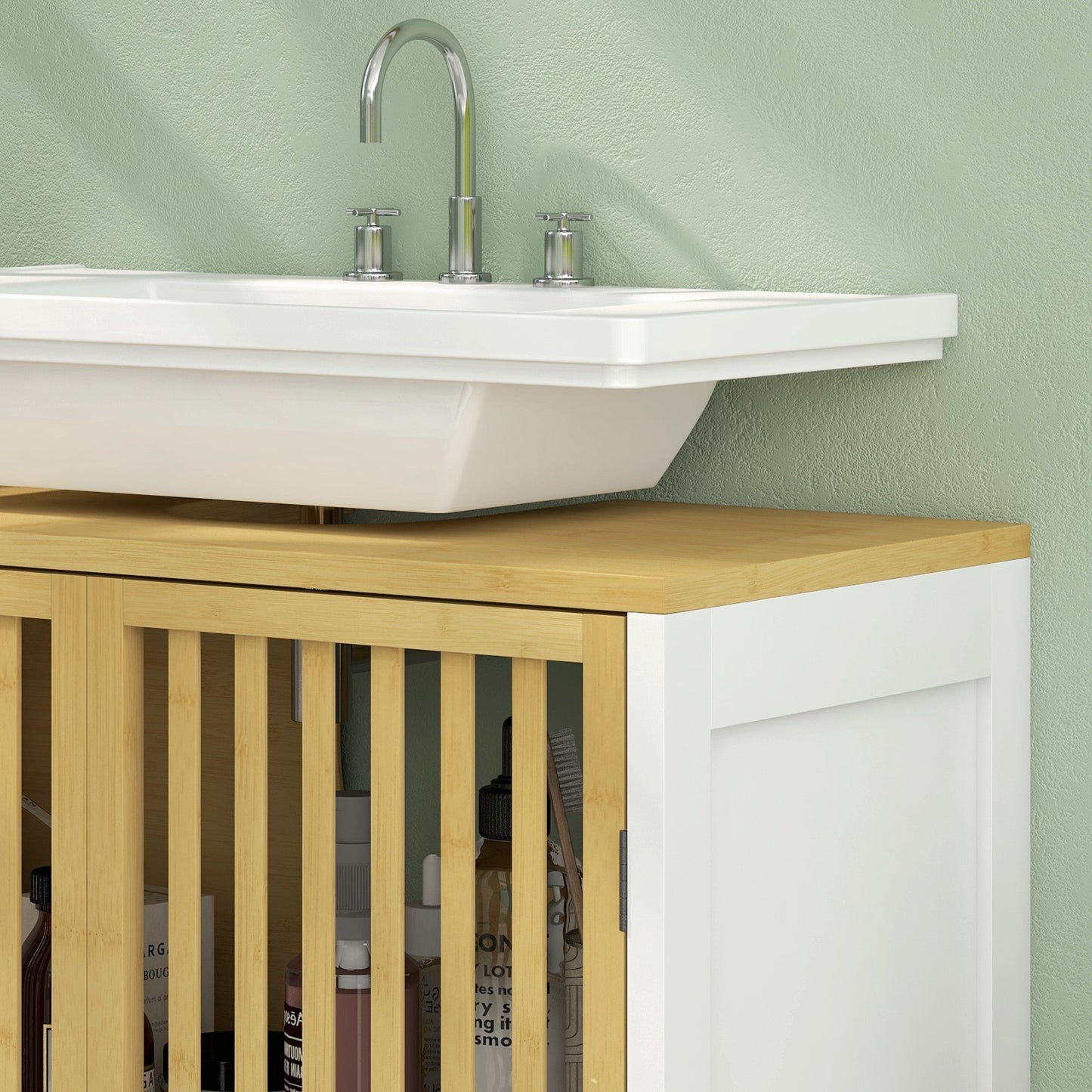 Under Sink Bathroom Cabinet, Bamboo Sink Storage Cabinet Slat Doors