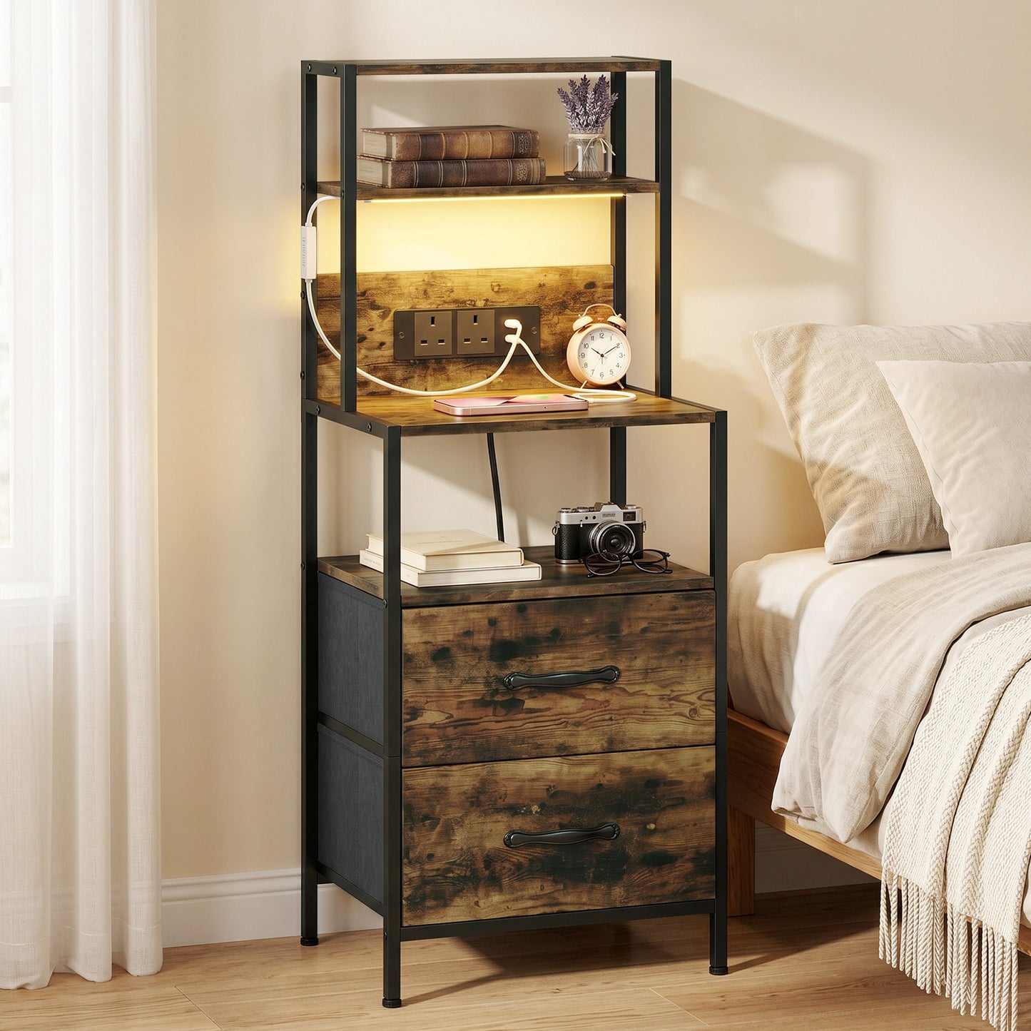 Bedside Table with Charging Station and LED Light Strips, Industrial Nightstand with 2 Drawers, Bedside Cabinet for Living Room Bedroom, Rustic Brown