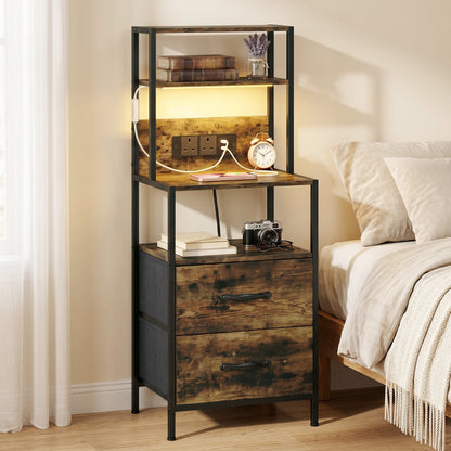 Bedside Table with Charging Station and LED Light Strips, Industrial Nightstand with 2 Drawers, Bedside Cabinet for Living Room Bedroom, Rustic Brown