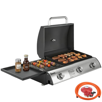 7.5 kW Portable Portable Gas Plancha BBQ Grill with 3 Burner, Black