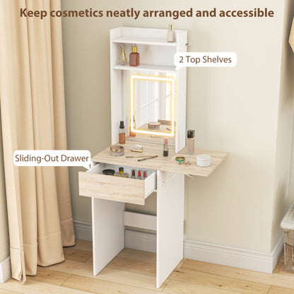 Compact Dressing Table with Lighted Mirror Open Shelves Drawer White
