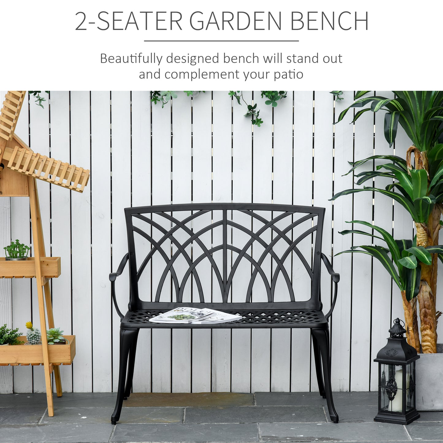 2-Seater Cast Aluminium Garden Bench Loveseat Ergonomic Armrest