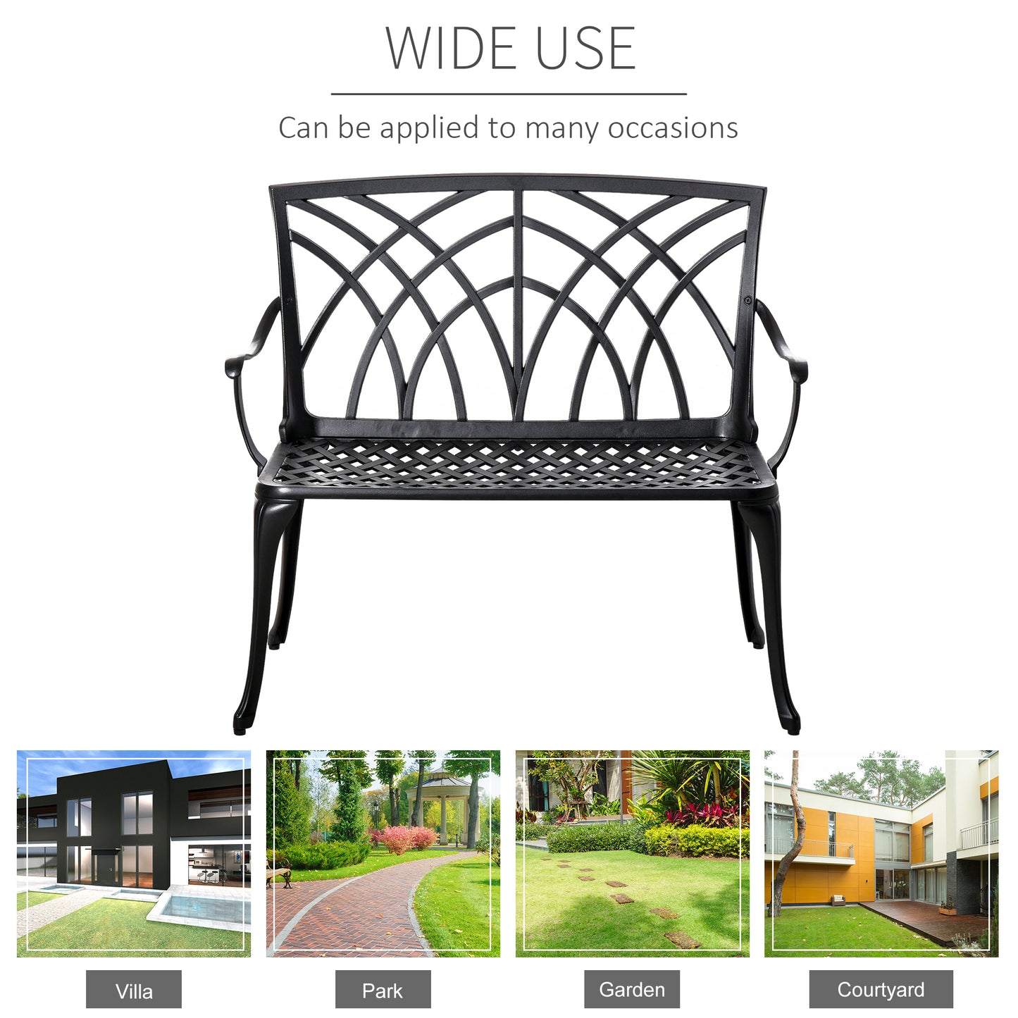 2-Seater Cast Aluminium Garden Bench Loveseat Ergonomic Armrest