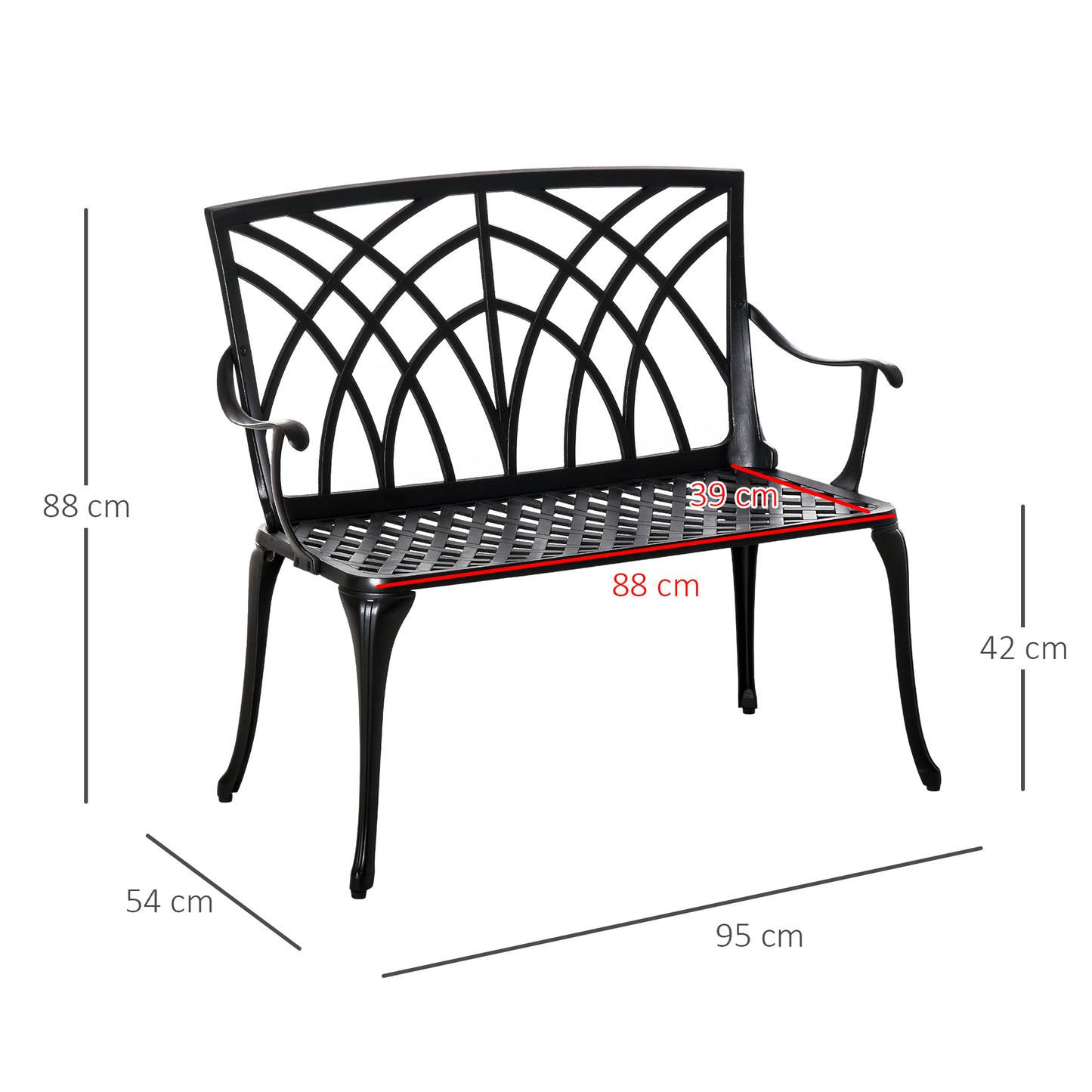 2-Seater Cast Aluminium Garden Bench Loveseat Ergonomic Armrest