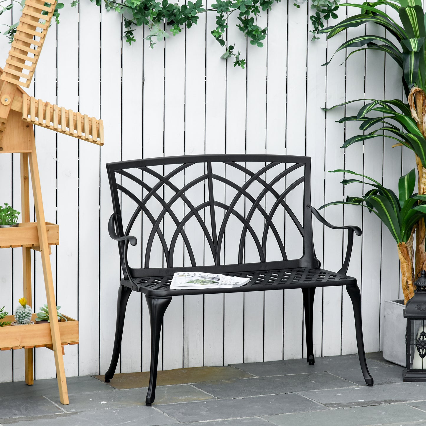 2-Seater Cast Aluminium Garden Bench Loveseat Ergonomic Armrest