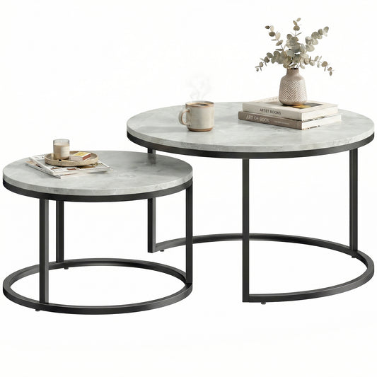 2 Pcs Stacking Coffee Table Set Steel Frame, Marble Grey