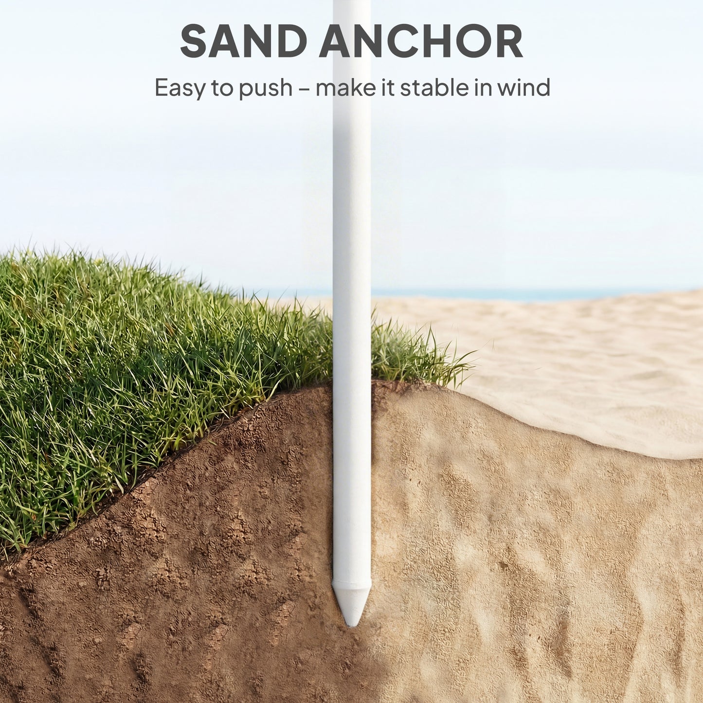 1.8 m Beach Umbrella Parasol with Sand Anchor, 30 Tilt, Light Grey