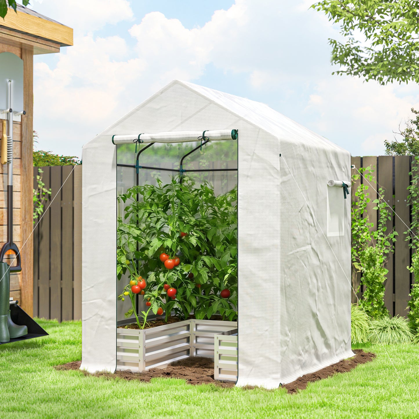 Mini Greenhouse Outdoor Greenhouse with Roll Up Door, White