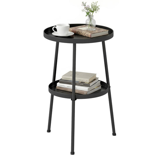 Patio Side Table, 2-Tier Round Coffee End Table, Black