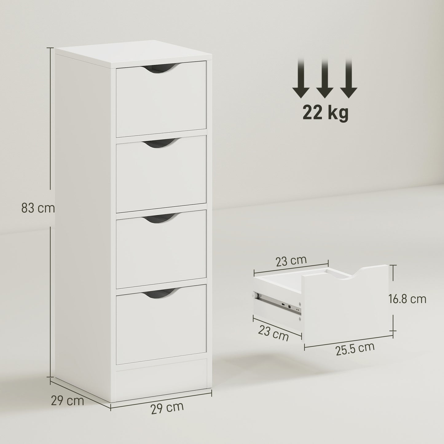 4-Drawer Bathroom Cabinet, Freestanding Narrow Cabinet, White