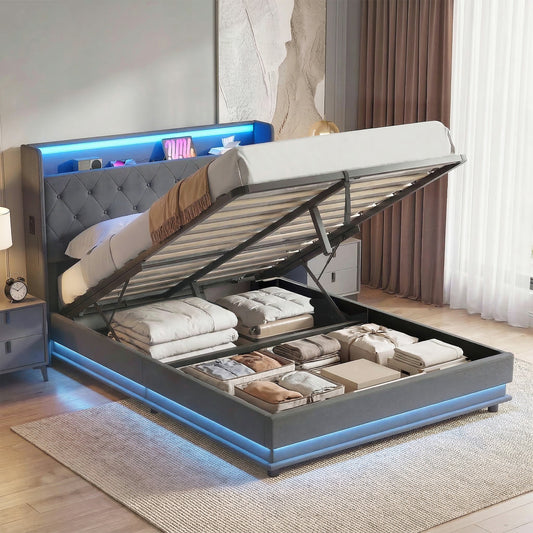 4ft6 Double Bed Frame with Headboard, Hydraulic Storage, LED Lights & Charging Station – Grey