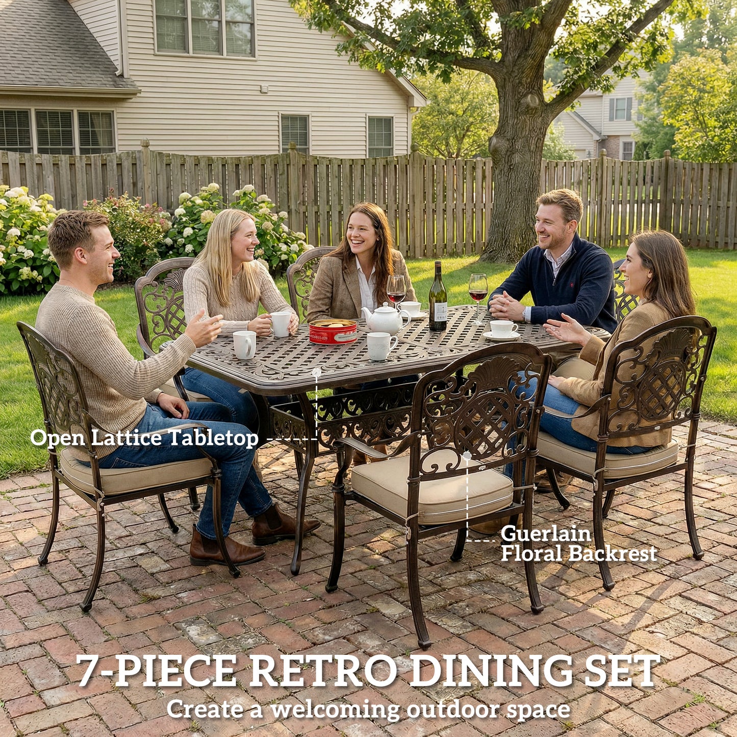 Outdoor Dining Set with Cushions, Parasol Hole, Bronze Tone