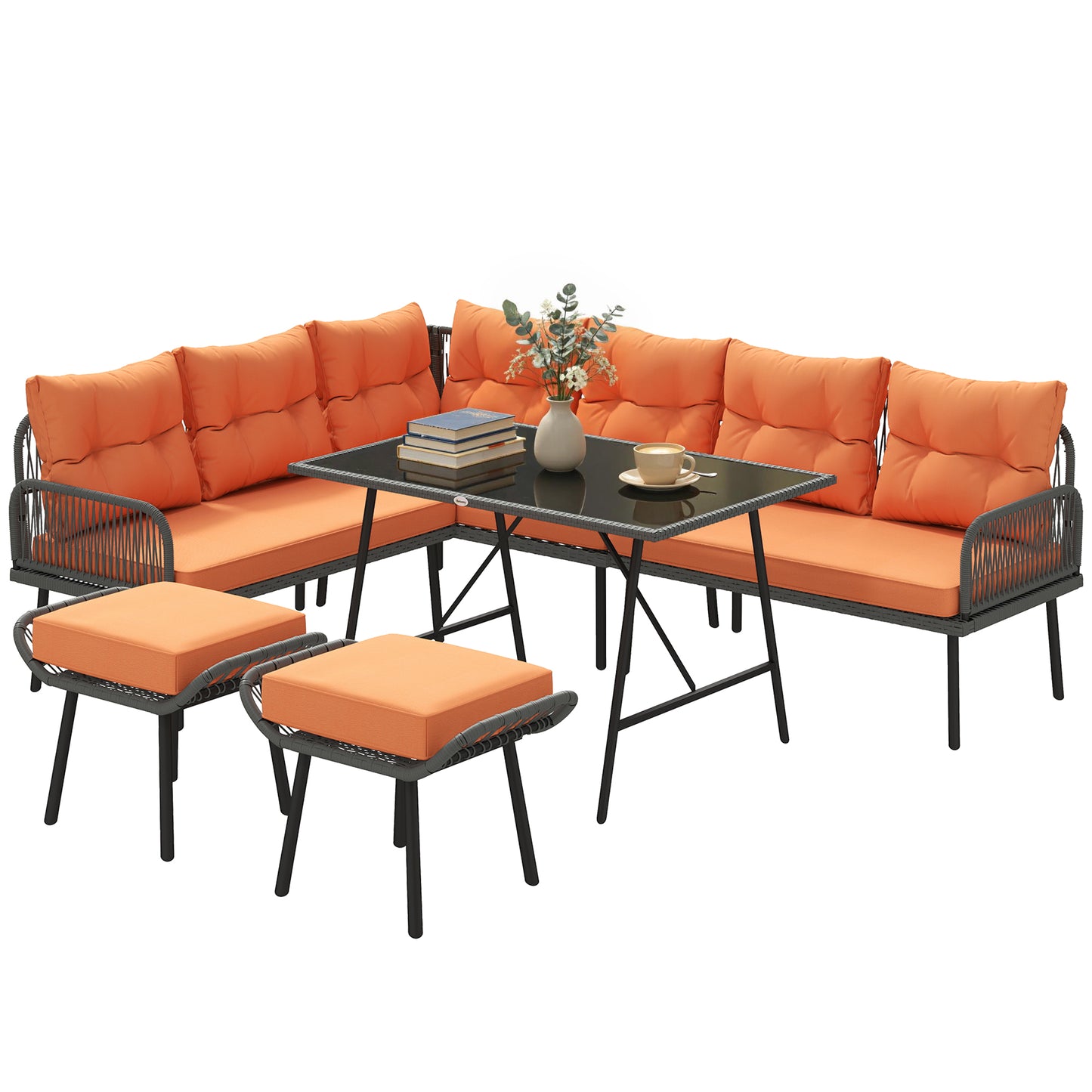 Sectional Outdoor Furniture with Glass Top Table, Orange