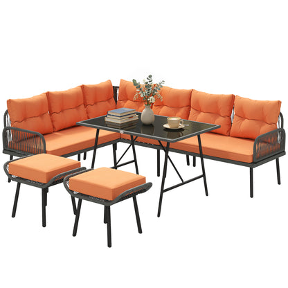 Sectional Outdoor Furniture with Glass Top Table, Orange