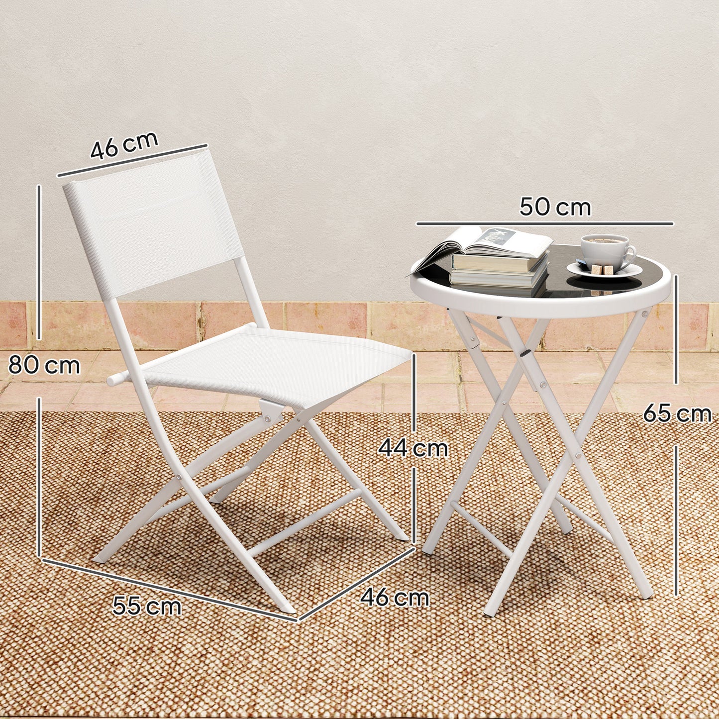 3 Pieces Outdoor Bistro Set, Glass Top Table and Chairs, White