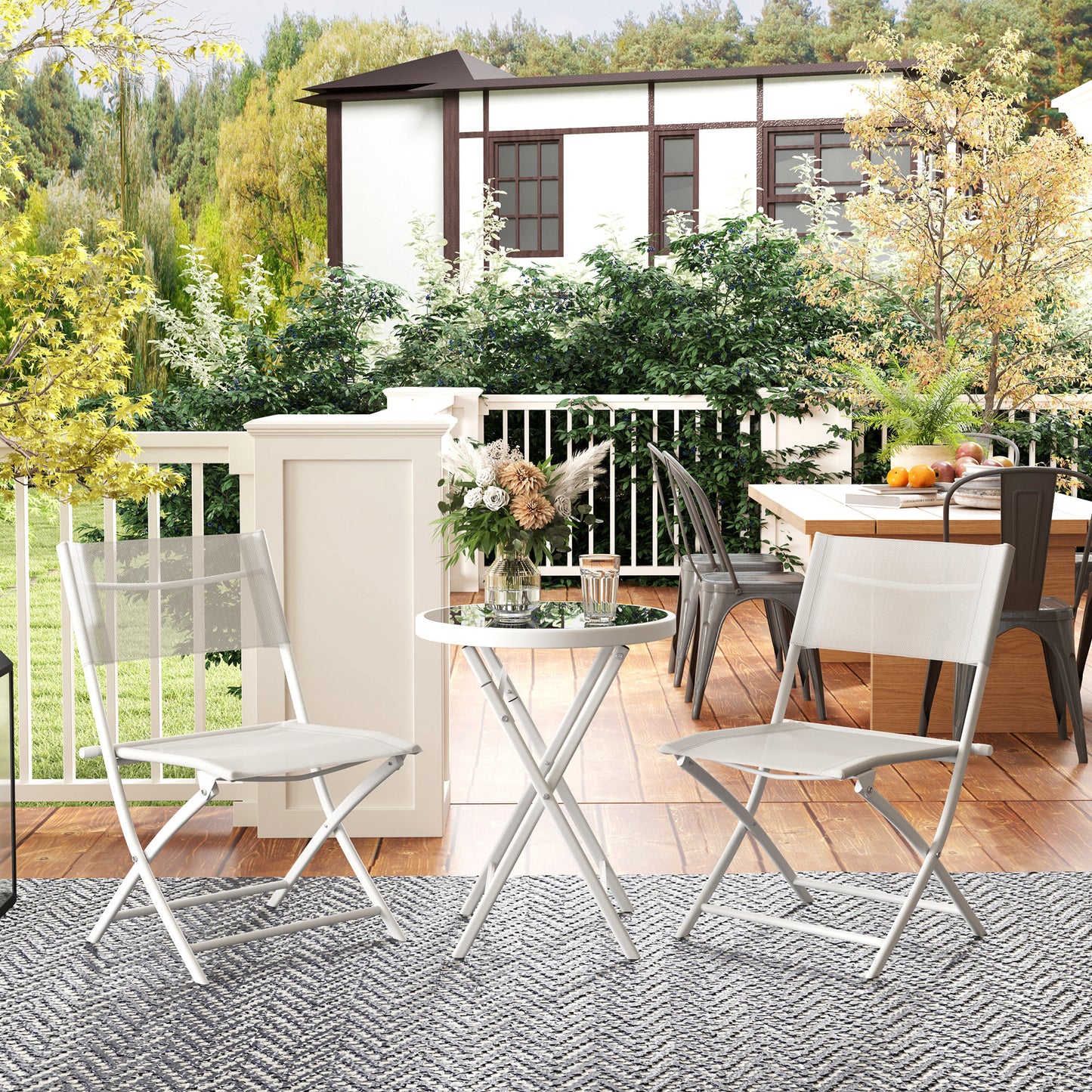 3 Pieces Outdoor Bistro Set, Glass Top Table and Chairs, White
