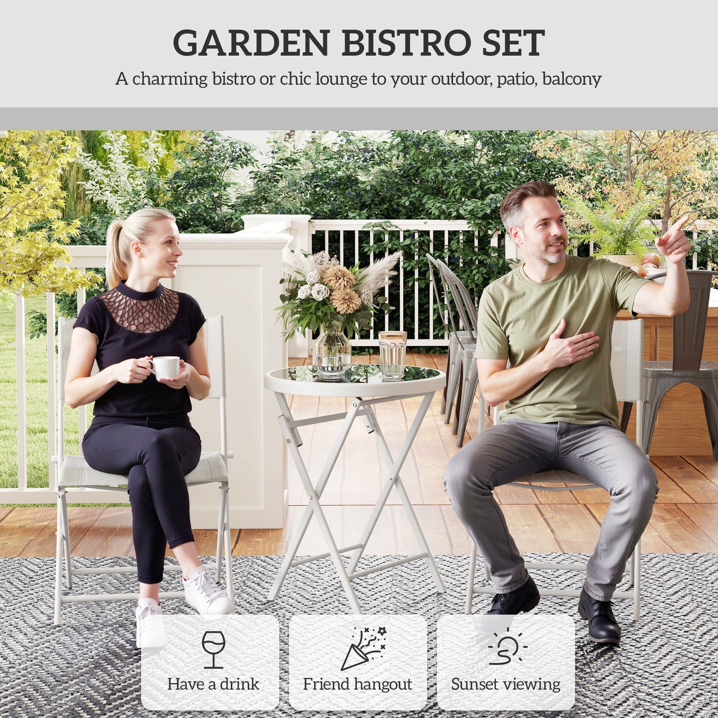 3 Pieces Outdoor Bistro Set, Glass Top Table and Chairs, White