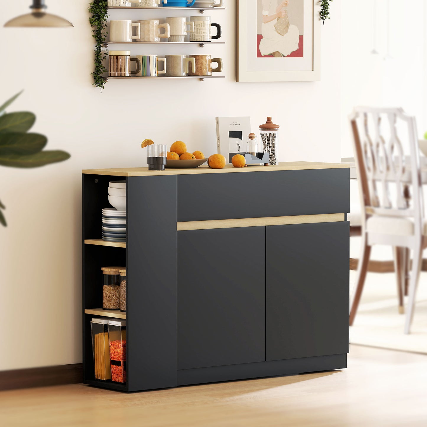 Sideboard, Storage Cabinet with 2 Drawers, 3 Open Shelves, Black