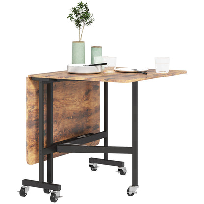 Mobile Drop Leaf Table, Folding Kitchen Table with 6 Wheels, Brown