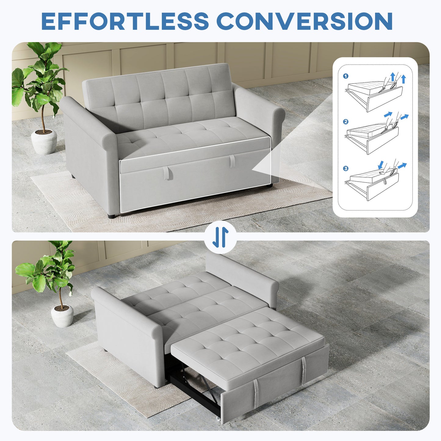 Convertible Pull Out Sleeper Sofa Bed Settee for Living Room, Grey