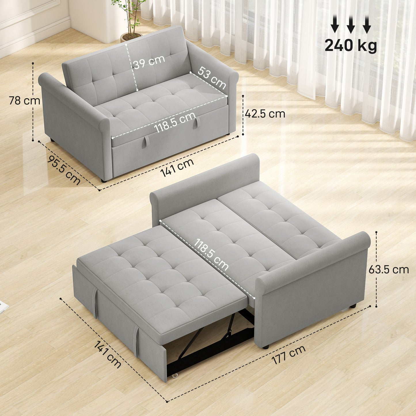 Convertible Pull Out Sleeper Sofa Bed Settee for Living Room, Grey