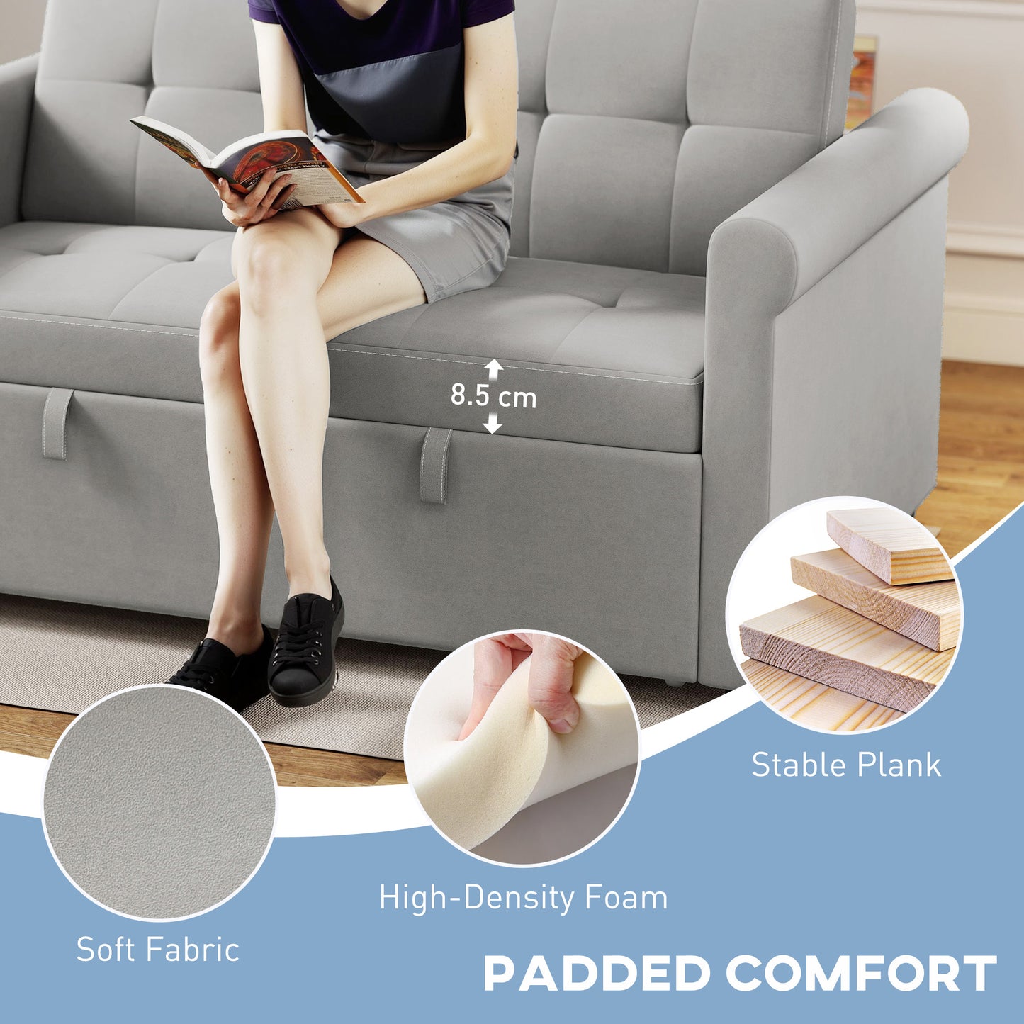 Convertible Pull Out Sleeper Sofa Bed Settee for Living Room, Grey