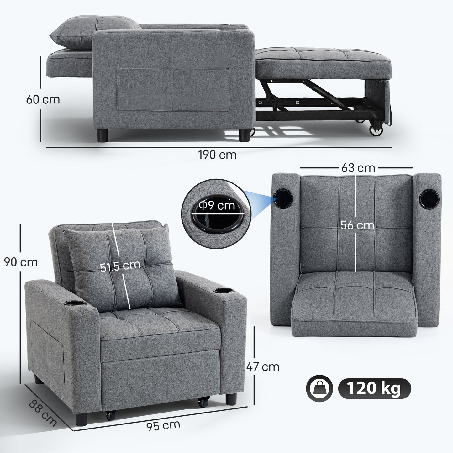 3-in-1 Sofa Bed, Convertible Sleeper Chair with Adjustable Backrest