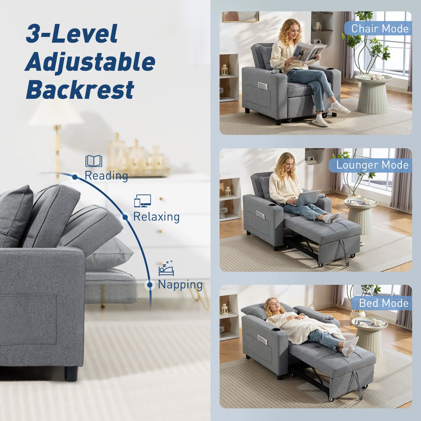 3-in-1 Sofa Bed, Convertible Sleeper Chair with Adjustable Backrest