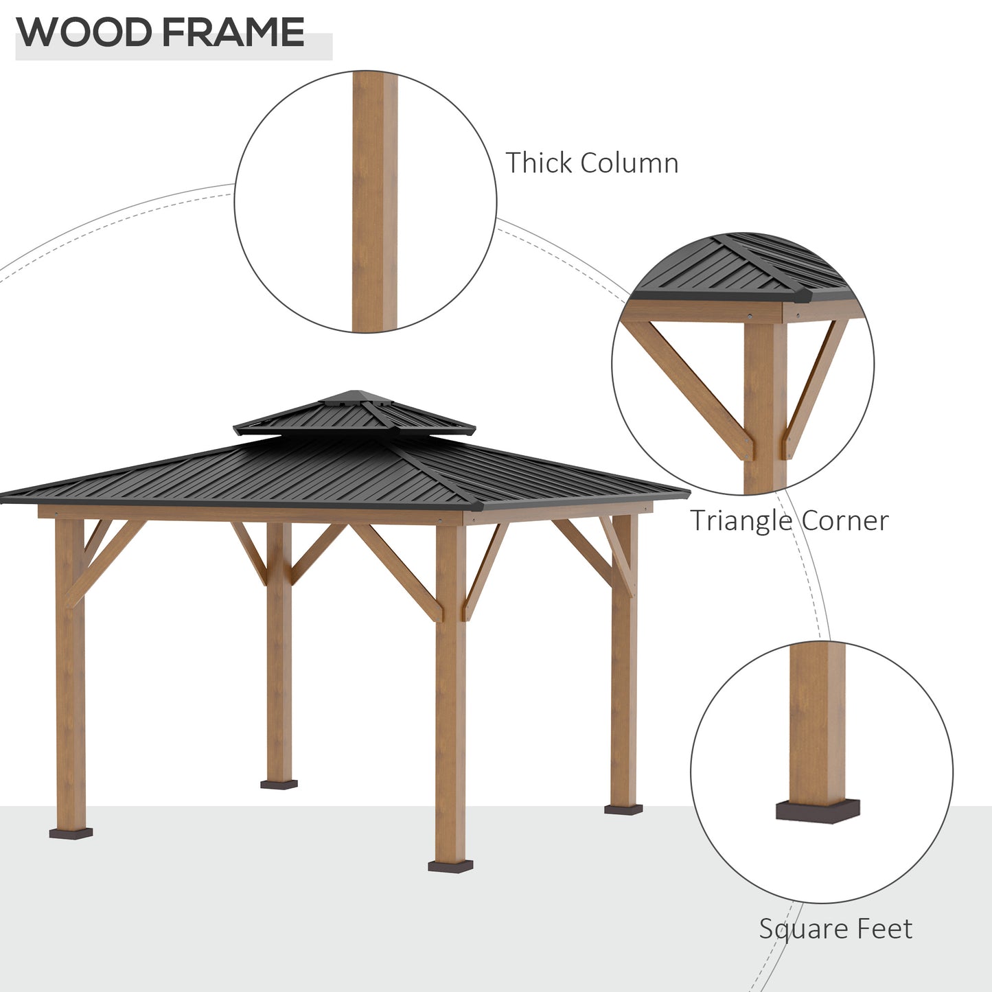 3.5 x 3.5m Wood Frame Hardtop Gazebo w/ Double Vented Roof, Black