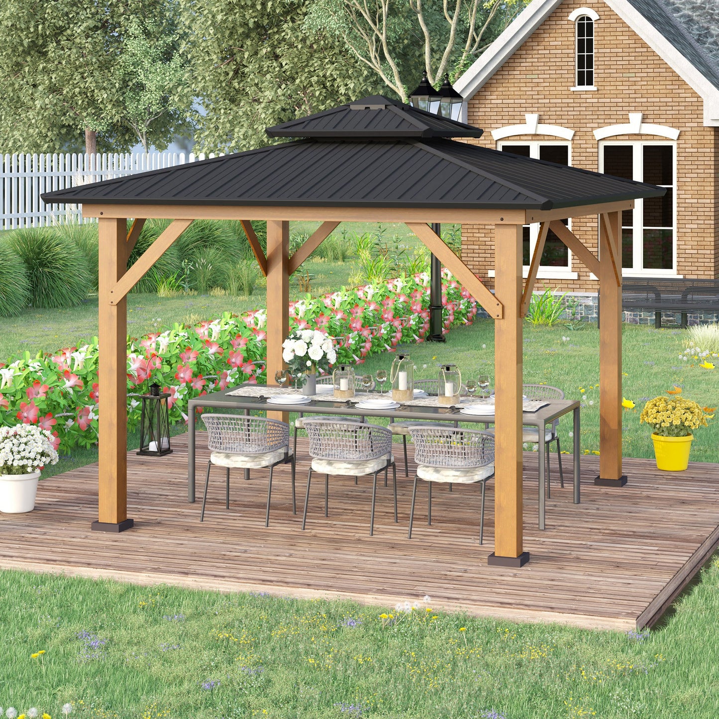 3.5 x 3.5m Wood Frame Hardtop Gazebo w/ Double Vented Roof, Black