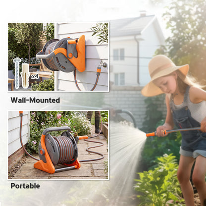 Portable Garden Hose Reel, 20+2 m Wall-Mounted Hose Reel with 2 Patterns Spray Nozzle, Compact with Crank Handle for Garage Car Cleaning Watering, Orange