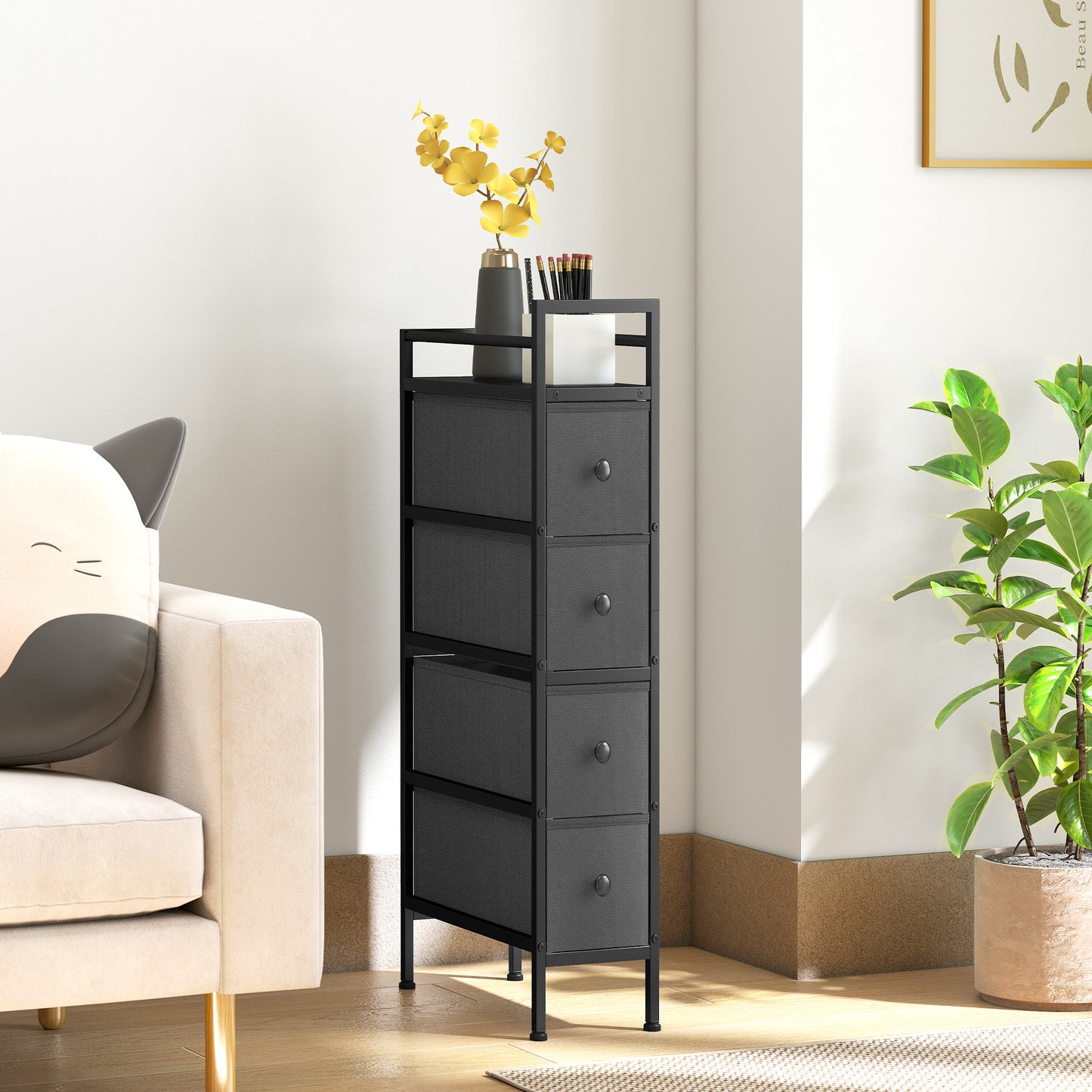 Narrow 4 Drawer Dresser with Steel Frame, Chest of Drawers, Black
