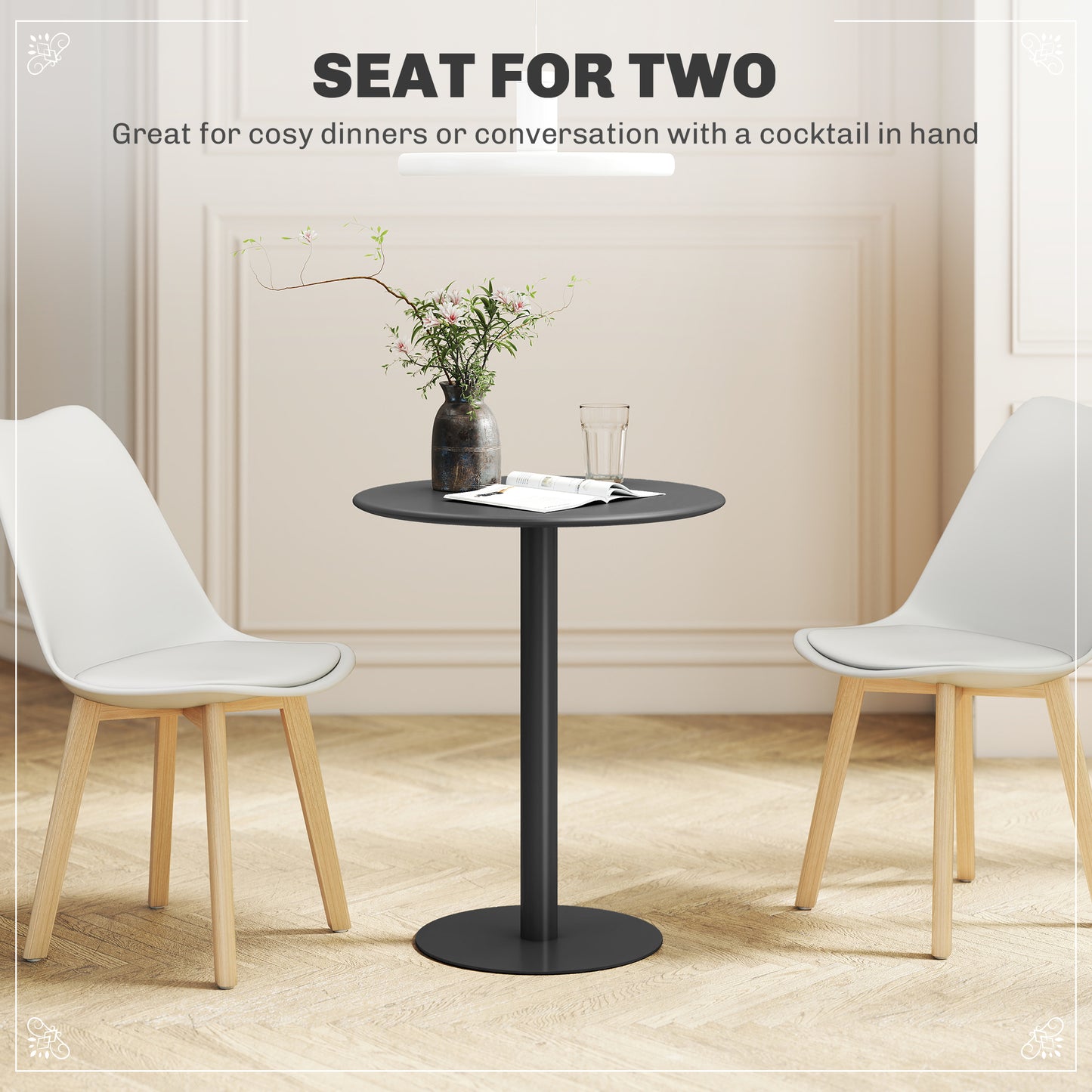 Dining Table, 60 cm Round Kitchen Table for 2 with Steel Base, Black