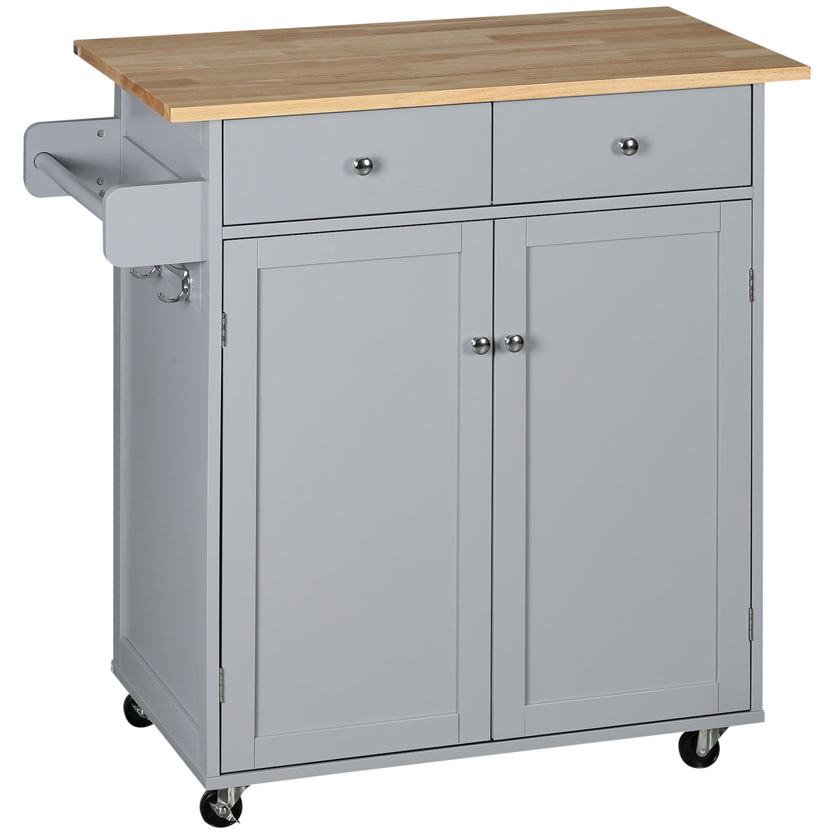 Rolling Kitchen Island, Utility Serving Cart with Rubber Wood Top Grey