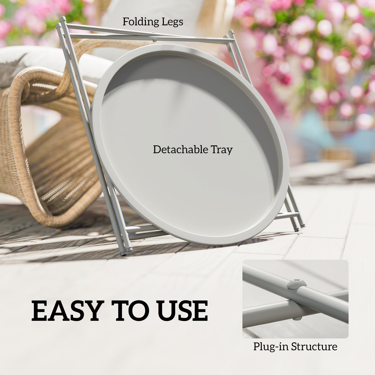 46cm Round Garden Table Side Table with Removable Tray, White