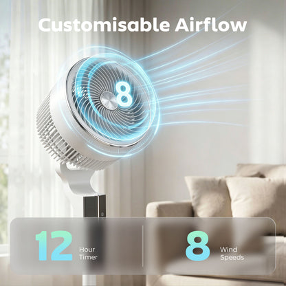 20 dB Silent Standing Fan for Bedroom, 46" Pedestal Fan with 65° Oscillating, 85° Vertical Tilt, 8 Speeds, Remote Control, 12H Timer, Adjustable Height, White
