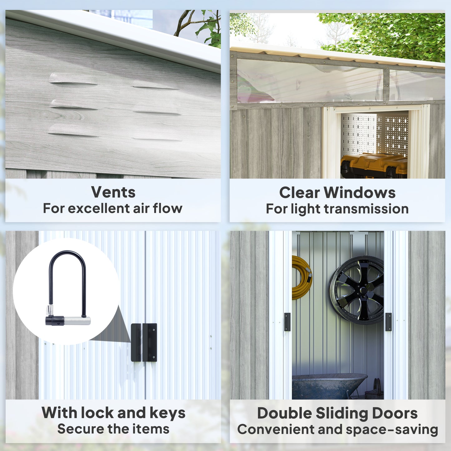 6.5x4FT Garden Shed Lockable Metal Tool Shed Light Grey Wood Effect